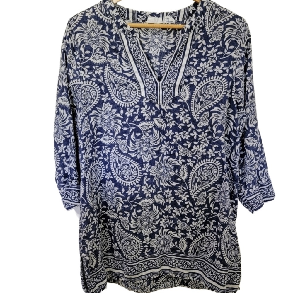 Sigrid Olsen Blue Floral Paisley 100% Linen V-Neck 3/4 Sleeve Tunic Cover-Up